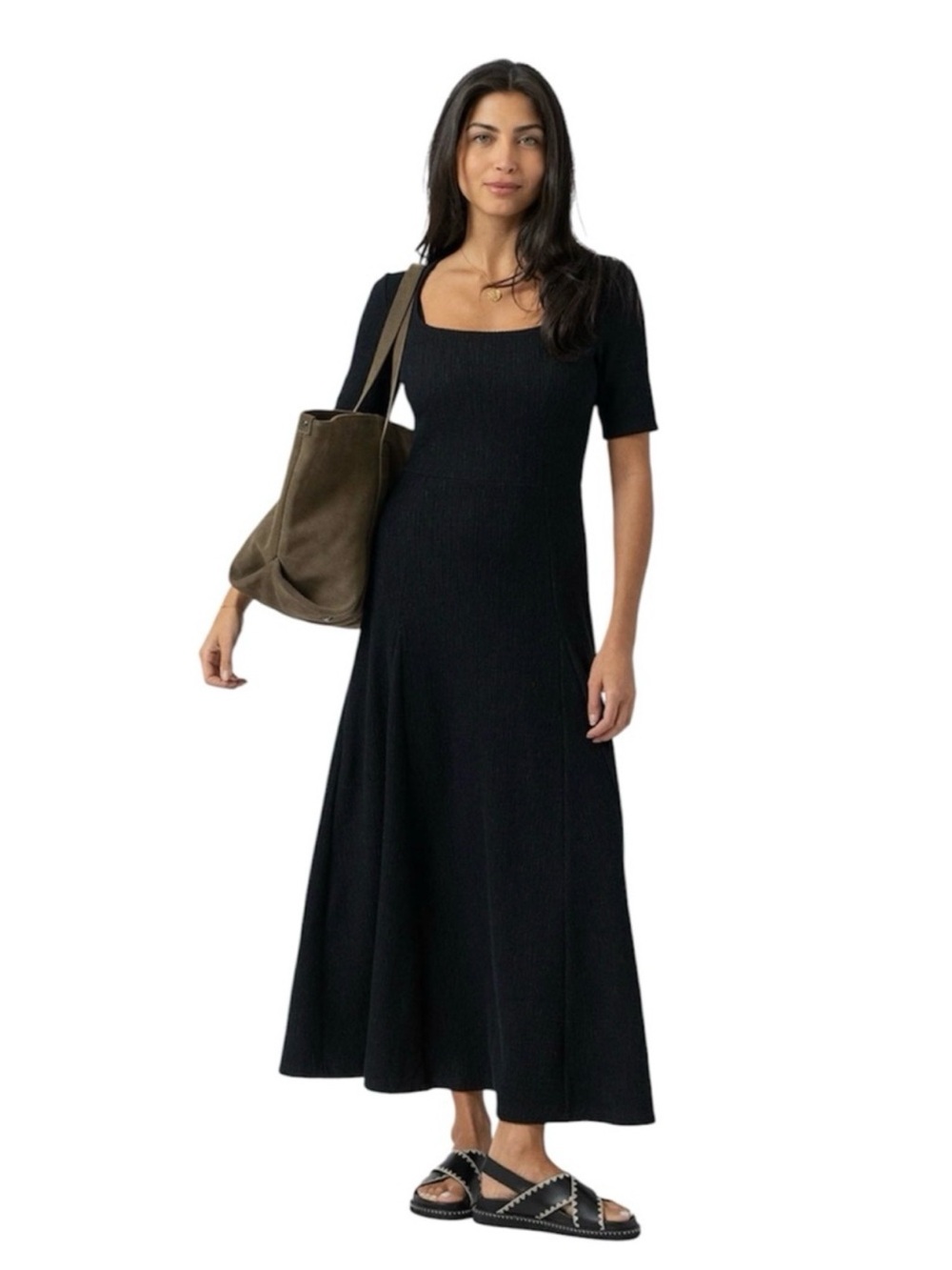 Saint + Sofia Akia Short Sleeve Black Textured Midi Dress - 6